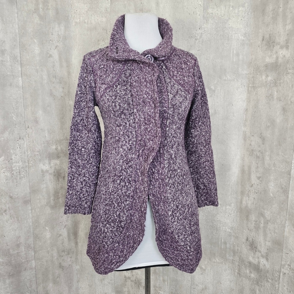 PrAna Angelica Purple Knit Sweater Coat Cardigan Duster Funnel Neck Boho Outdoor